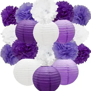 18 Pieces Purple Paper Lantern Tissue Pom Decoration Set 20.32cm 25.40cm Hanging Round Paper Lantern Paper Flowers for Wedding Birthday Party Ornaments 18Pcs