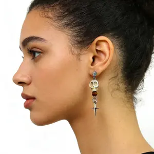 Gothic Skull Clip-On Dangle Earrings Natural Stone & Alloy Statement Accessories Edgy Non-Pierced Pieces for Everyday Style Punk Outfits & Gift Ideas