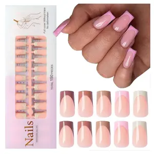 150pc French Tips Press on Nails Medium Square Fake Nails Soft Gel Nail Tips, Square Nails Press ons Nail French Acrylic Nails Artificial Fingernails Medium False Nail Kit 15 Sizes with Glue Tabs