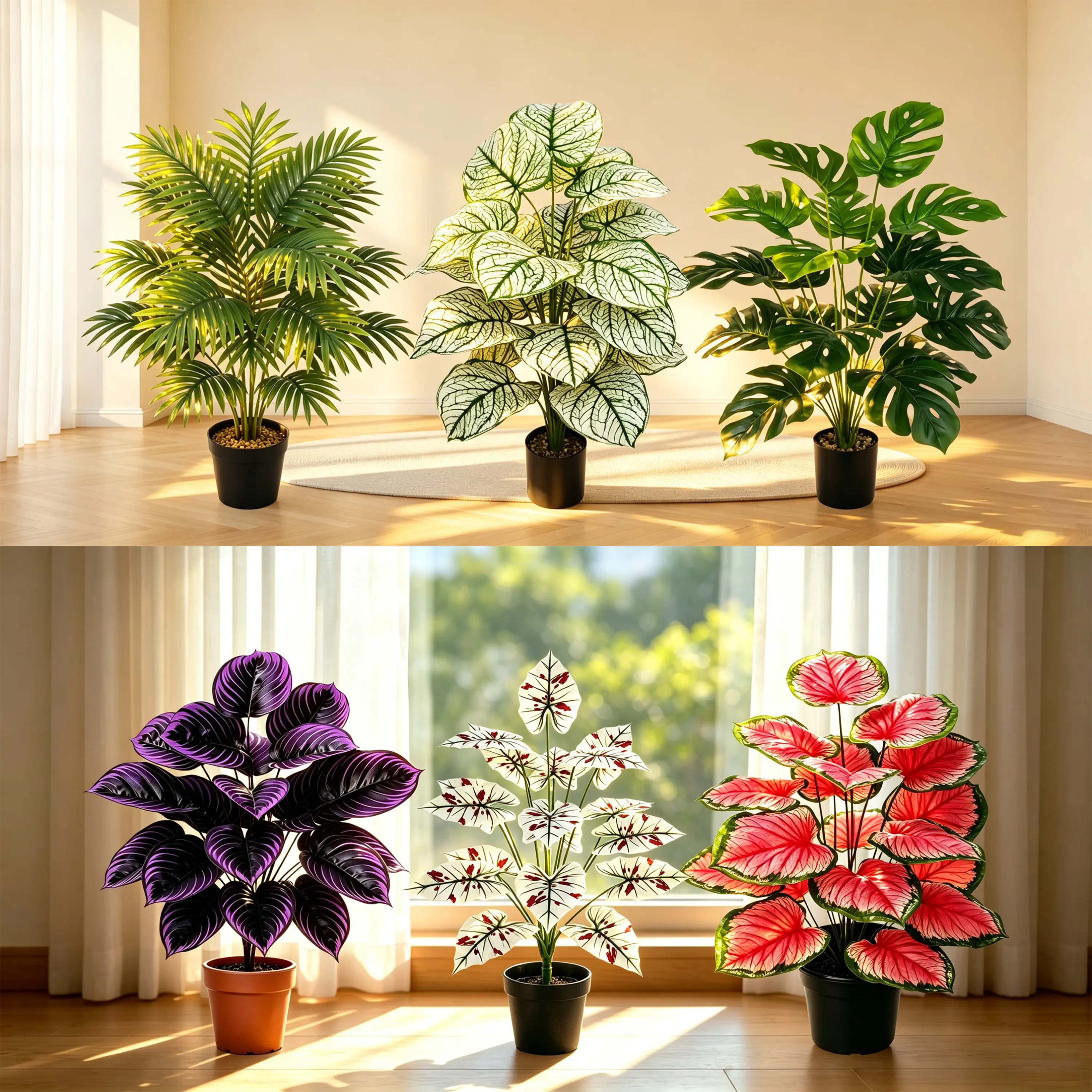 Artificial Plants Set of 6, Fake Palm Tree, Variegated Caladium, Monstera, Purple Leaf Plant, White Red Taro, Red Heart Caladium, Faux Tropical Potted Plants for Home Living Room Office Indoor Decor, Realistic Faux Greenery Decorations