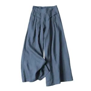 Tanming Women's Cotton Linen Culottes Pants Elastic Waist Wide Leg Palazzo Trousers Capri Pants with Pockets