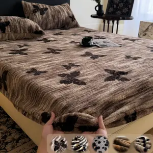 Faux Rabbit Fur Leopard, Tiger & Butterfly Fitted Sheet 3-Piece Set – Luxurious, Soft & Warm Solid Color Bedding, Premium Set (Includes 1 Fitted Sheet + 1/2 Pillowcases), All-Season, Bed Sheets, Perfect for Bedroom, Dorm, Sofa, Cozy Christmas Gift