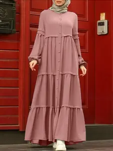 ZANZEA Women's Simple Solid Color, Fashion Elegant Round Neck Long Sleeve Lantern Sleeves, Wrinkled Patchwork Design, Modest Style Dress, Daily Wear Vacation Commute Classy Modest Dresses