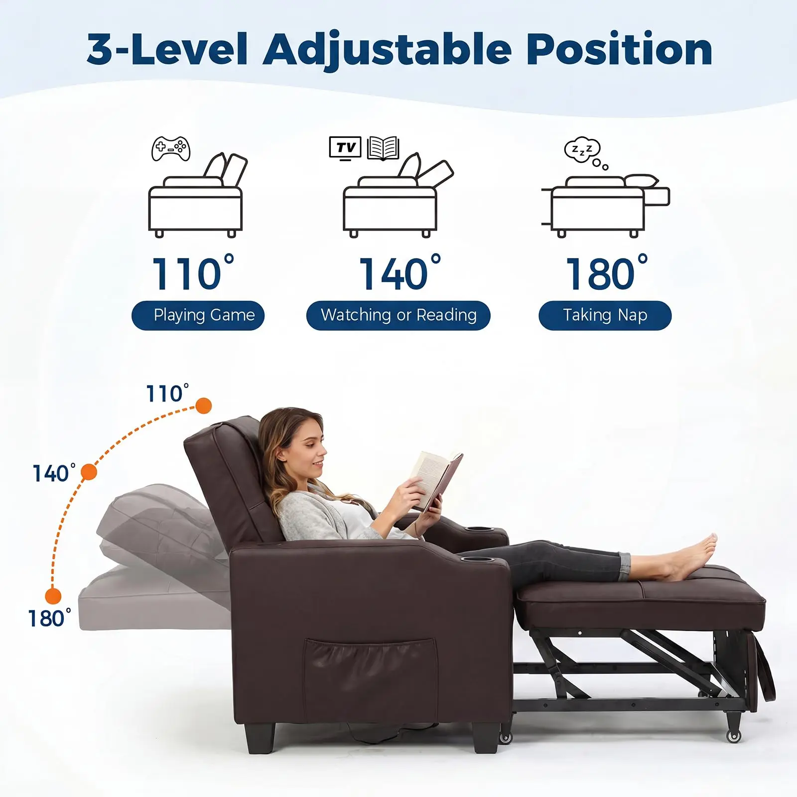 Garvee 4-in-1 Convertible Sleeper Chair Bed, Pull-Out Single Sofa Bed Chair for Adults - Adjustable Backrest - Vibration Massage Lumbar Pillow, USB/Type-C Ports, Cup Holders & Side Pocket for Small Spaces