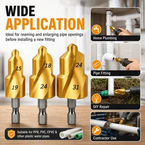 3Pcs PPR Pipe Reamer Drill Bit Set, Titanium-Coated 3-Blade Stepped Expansion Repair Bits with 1/4in Hex Shank, Quick Change Water Tube Hole Enlarger for 1/2in, 3/4in, 1in Pipes, Plumbing Repair, Pipe Fitting, DIY & Contractor Tools