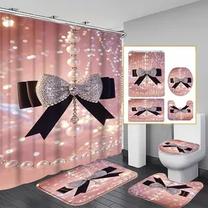 Waterproof Shower Curtain Set with Pearl Bow & Heart Pattern, U-Shape Toilet Mat, Non-Slip Bathroom Rug, Boho Style Decor