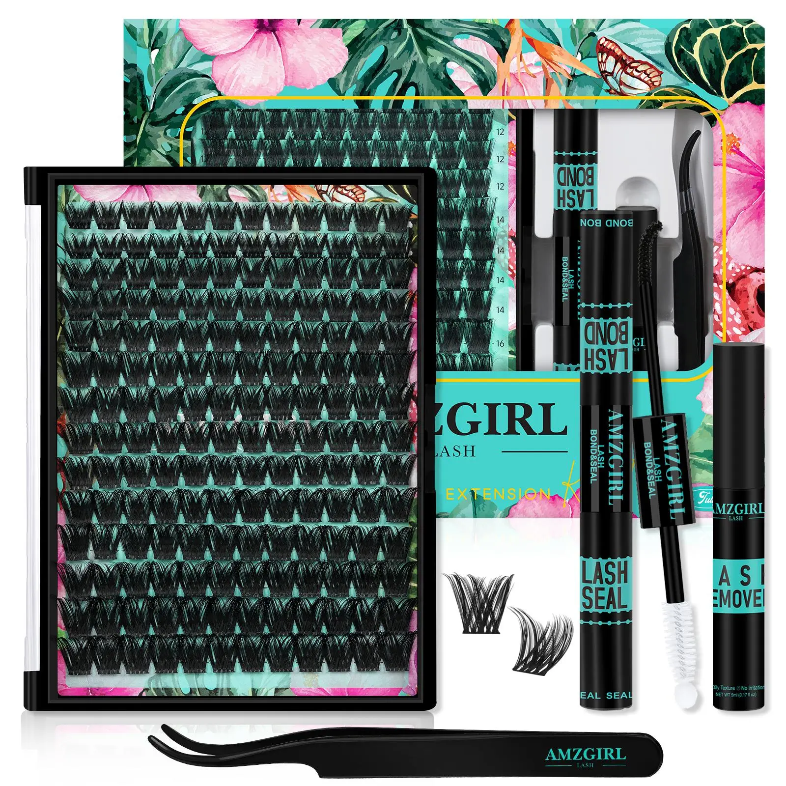 AMZGIRL Tulip DIY Individual Eyelash Extensions Kit, 168Pcs Waterproof D-Curl 10-18mm Lashes with Lash Bond, Seal, Tweezers, Remover, Lightweight Fluffy Cosmetic for Beginners