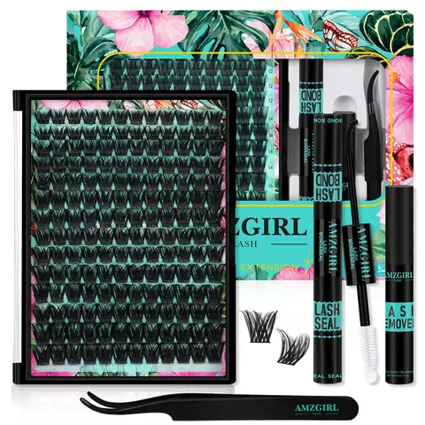AMZGIRL Tulip DIY Individual Eyelash Extensions Kit, 168Pcs Waterproof D-Curl 10-18mm Lashes with Lash Bond, Seal, Tweezers, Remover, Lightweight Fluffy Cosmetic for Beginners