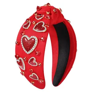 Valentine’s Day Heart Headbands for Women, Jeweled Beaded Heart Knotted Headband Pink Red Rhinestones