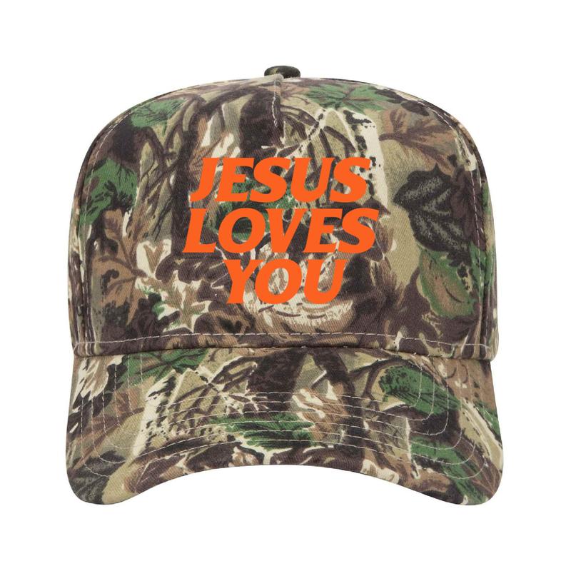 Jesus Loves You Camo Unisex Trucker Hat with Bold Text Design and Adjustable Fit