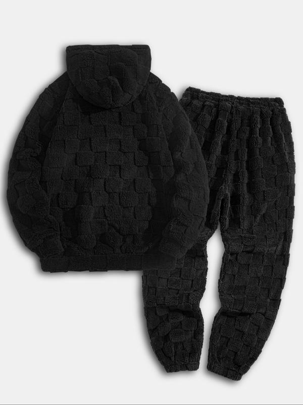 Men's Fall Winter Casual Sportswear Set, Sweatsuit Matching Set, Fleece Jacquard Plaid Hoodie and Sweatpants, Men's 2-Piece, Comfortable and Stylish
