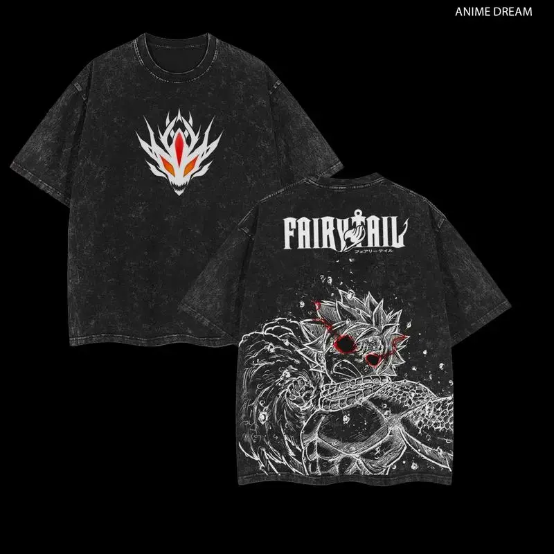 Men's Fairy Tail Natsu Dragneel Oversized Crew Neck Short-Sleeve T-Shirt - Distressed Vintage Washed Premium Cotton, Relaxed Unisex Menswear, Manga-Inspired Casual Top, Father's Day Gift, Cold Wash Friendly
