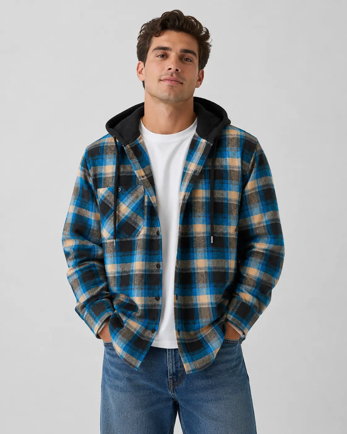 ZITY Men's Classic Checked Plaid Flannel Hooded Shirt - Lightweight Long Sleeve, Loose Cut Button Down, Spring Polyester Blend, Layering Top with Pocket, Mens Streetwear Aesthetic Outfit Piece