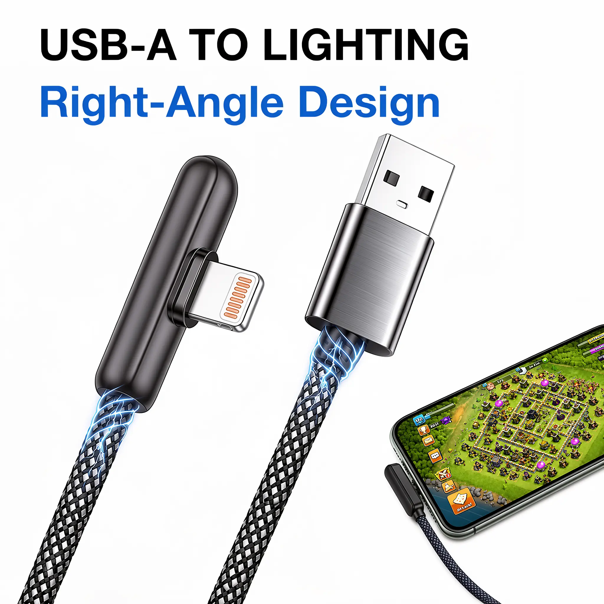 Right Angle Lightning Cable for iPhone, 12W 90 Degree Gaming Charger Cord, Braided Durable Charging Cable Compatible with iPhone 14/13/12/11 Pro Max, XR, XS, X, Play While Charging, 3.3FT/6.6FT