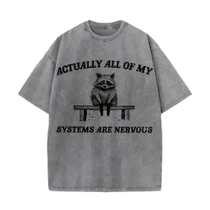 Raccoon "Actually All Of My Systems Are Nervous" Text Graphic – Mineral Washed Oversized 100% Pure Cotton T-Shirt, Unisex Retro Shirt Gift for Relatable Meme Fans summerwins