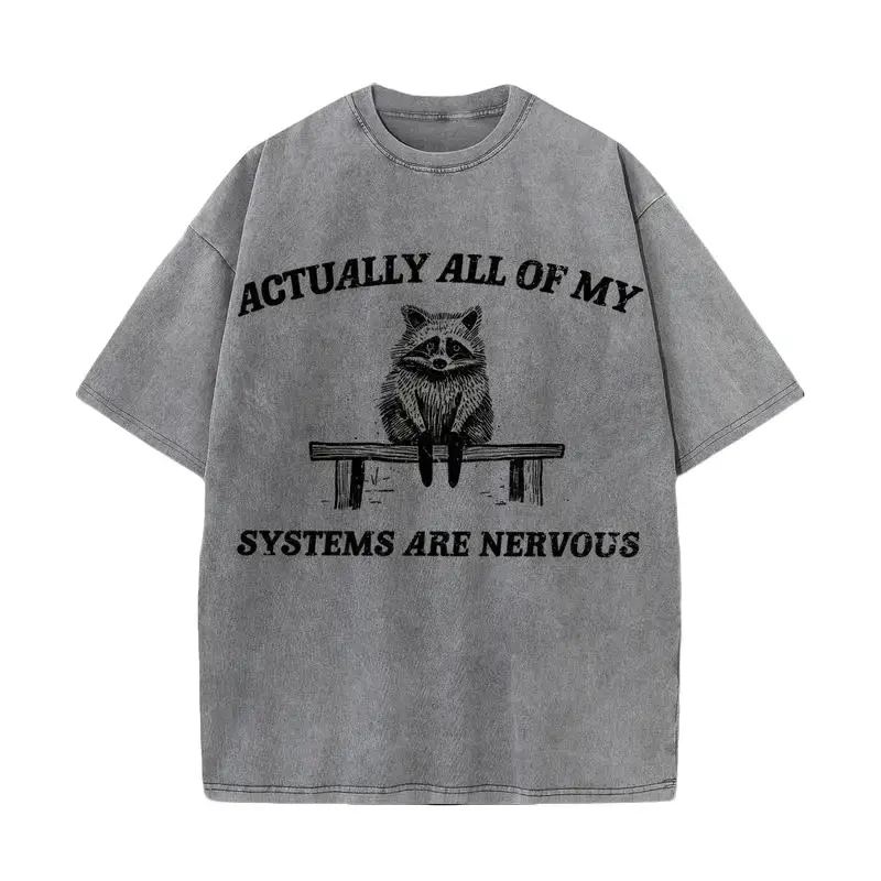 Oversized Mineral Washed T-Shirt with Raccoon "Systems Are Nervous" Graphic, Unisex Retro Streetwear Short Sleeve Round Neck 100% Cotton Casual Top, Shortsleeve, Tops, Fabric