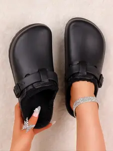 Women's Comfortable Solid Color Fluffy Wooden Sole Shoes, Garden Clogs, Soft Thick Cushioning, Adjustable Buckle Strap, Lightweight Eva Material