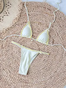 2026 new model patchwork color-block triangle bikini bag, mini bikini set; fashionable, sexy women’s two-piece swimsuit with chest tie; casual vacation beachwear and pool party outfit for women