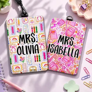 Custom Name Teacher Leather ID Card Holder: Personalized End Of School Teacher Gift, Teacher Appreciation Gifts, Back To School Gift