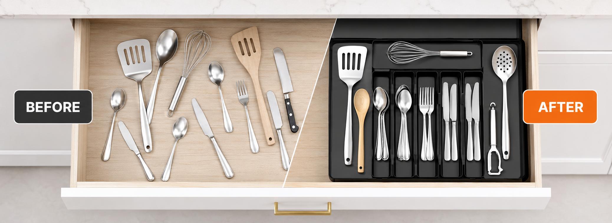 Snofrid Large Expandable Silverware Drawer Organizer with Buckle, BPA-Free Kitchen Accessory, 9-Slot Cutlery Tray with Dividers, Adjustable Large Slot Flatware Storage Holder for Spoons, Forks, Knives,dorm room inspo,college dorm essentials,dorm haul