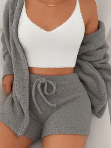 Women's 3pcs Pajama Set - Long Sleeve Crop Tank Top & Drawstring Shorts, Velvet Material, Sweet Style