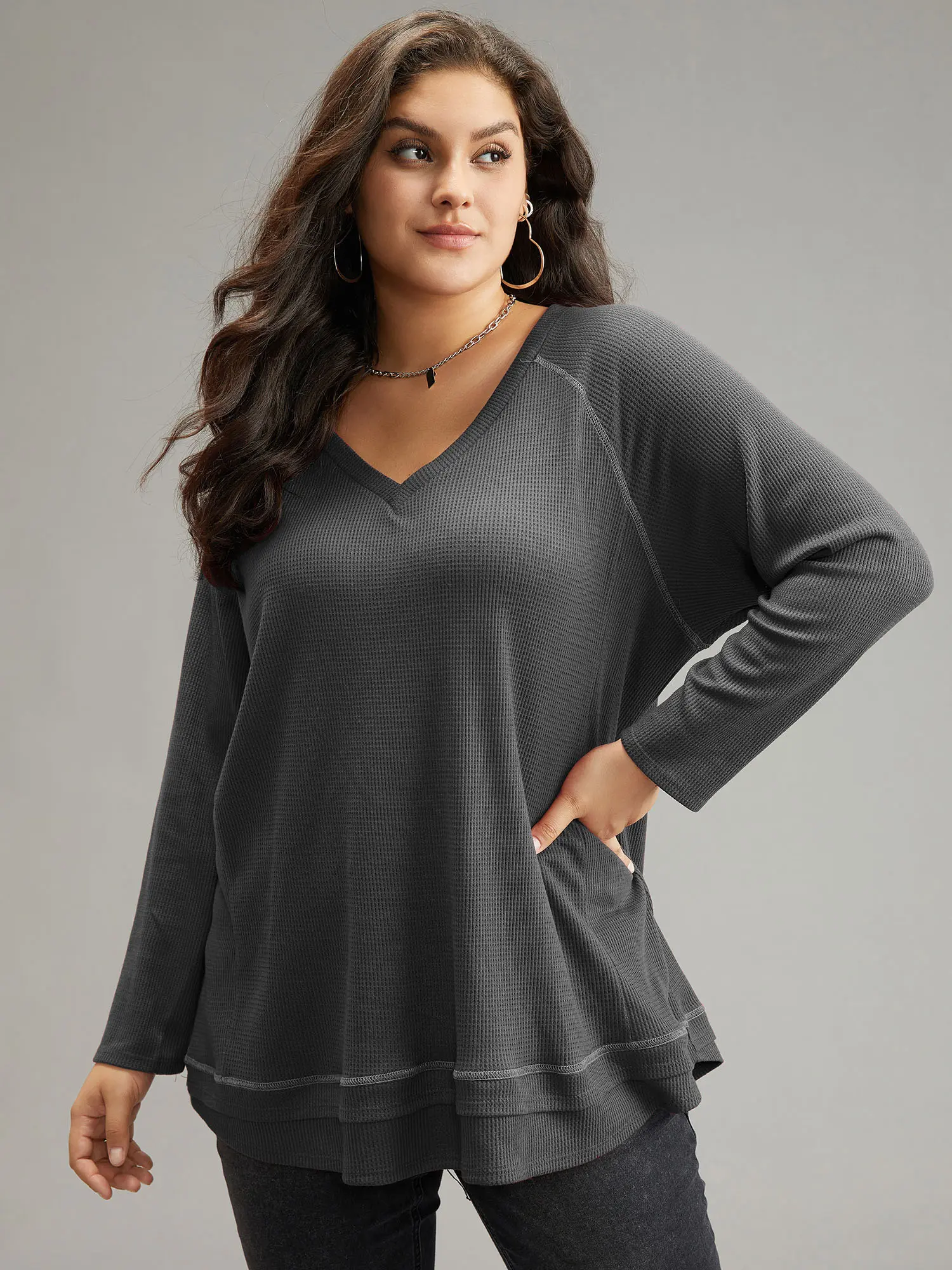 BloomChic Women's Plus Size Burgundy Plain Textured Stitch Raglan Sleeve V-Neck Loose Fit Long Sleeve Pullover Hoodie, Korean Minimalist Autumn Casual Longsleeves Tops Sweatshirts for Curvy Clothing Plus Size Clothes,Summerfinds