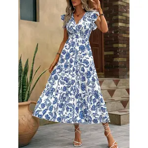 New floral print dress, featuring butterfly sleeves and ruffles, sexy bohemian long dress for vacations, suitable for commuting