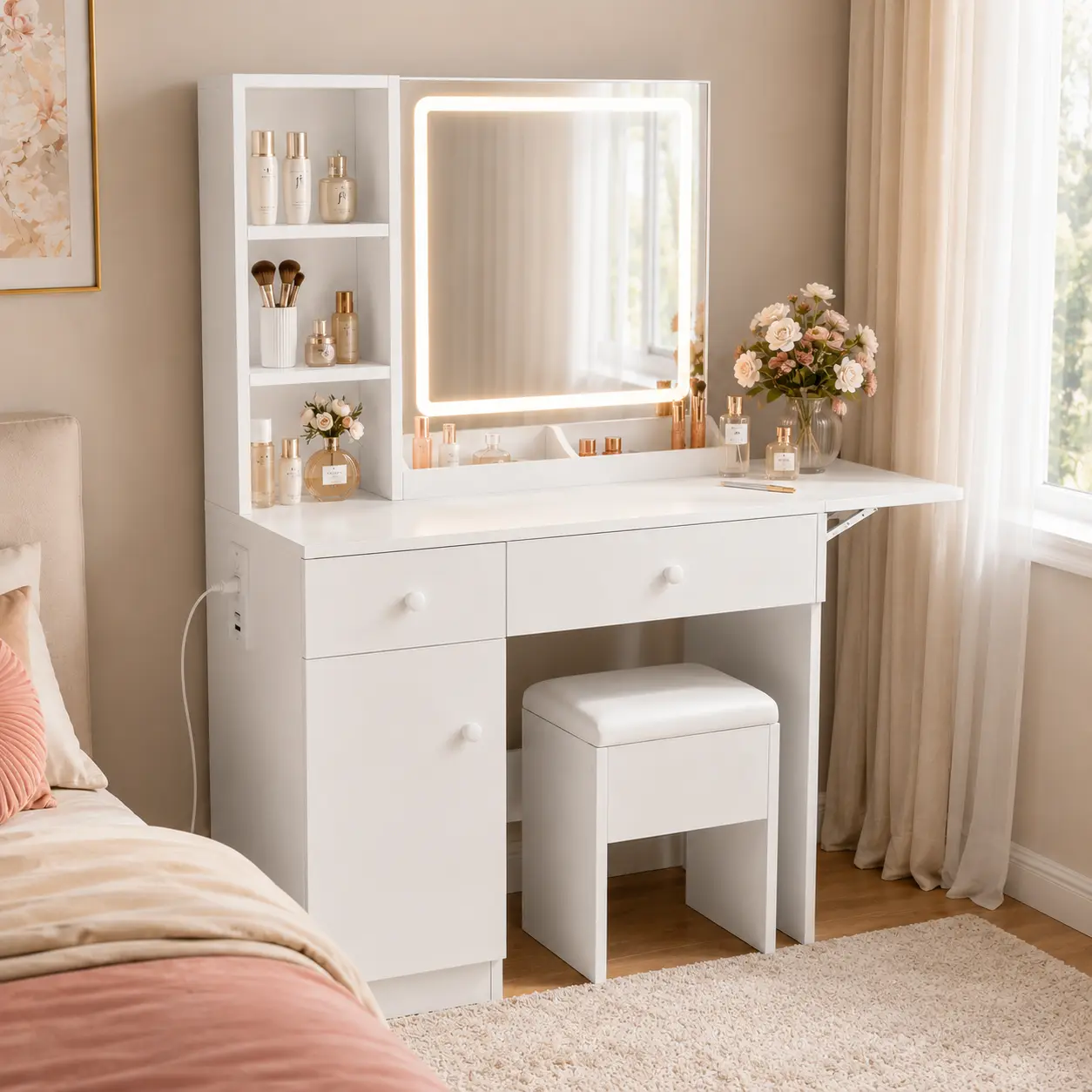 Vanity Set Chair with Lighted Mirror 3 Tier Open Shelves 2 Drawers Cabinet Hidden Storage Stool Built-in Outlets Modern Makeup Table Assembly Required for Bedroom Vanitydesk