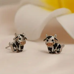 2pcs Cute Cow Stud Earrings - Minimalist Animal Character Earrings with Expressive Eyes & Nose, Durable Playful Accessory, Gifts for Teens & Animal Lovers for Birthday & Christmas