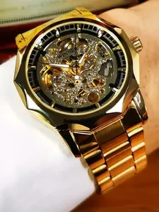 Luxury Men's Fashion Luxury Gold Skull Automatic Mechanical Watch Skeleton Watches Analog Watches Night Light Hands Irregular Case Stainless Steel Strap Business Leisure Royal Men's Watch Anniversary Christmas Valentine's Day Birthday Gift