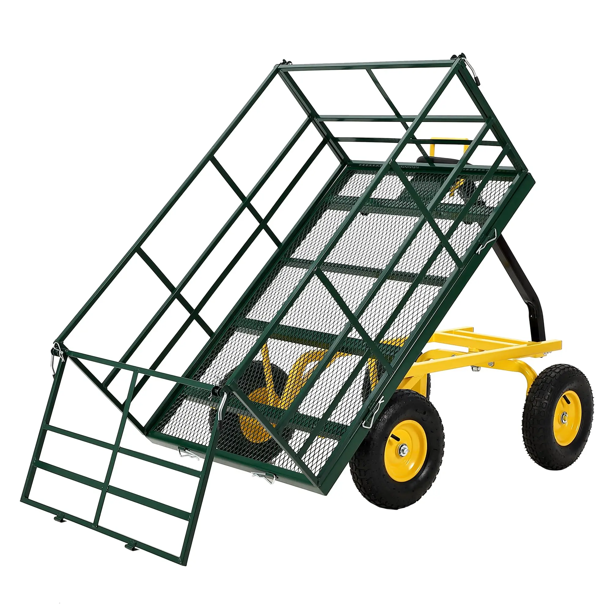 Garvee 4-in-1 Heavy-Duty Steel Garden Dump Cart with 1400 Lbs Capacity, 13 Inch Tires, Removable Mesh Side Panels, and Metal Utility Yard Trailer for Transporting Soil, Tools, and Plants