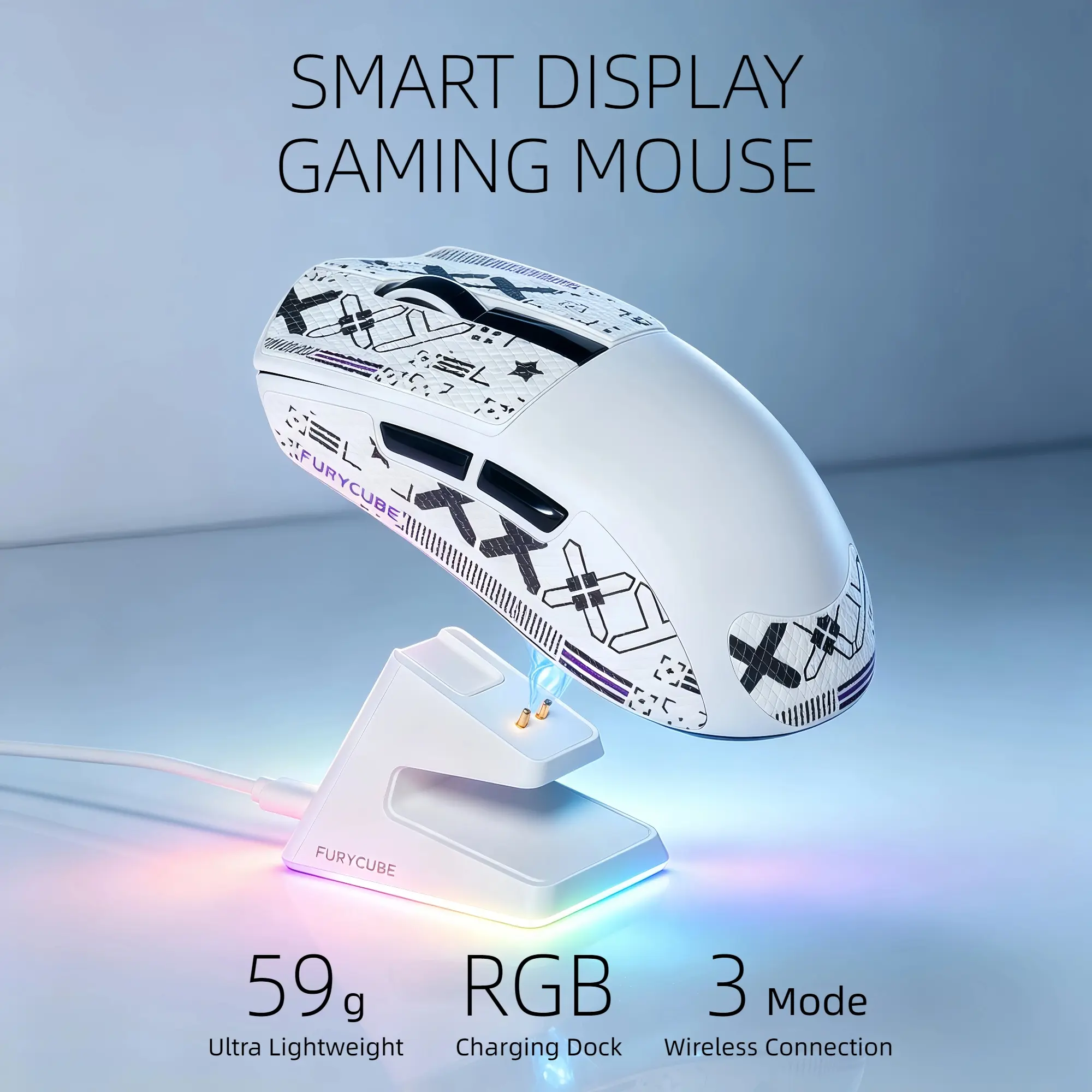 Wireless Gaming Mouse with RGB Charging Dock, Smart Display Screen, Lightweight 59g Design, 12000 DPI Sensor, BT/2.4G/USB-C 3-Mode Connection, Aesthetic Gaming Desk Setup Accessory for PC Gamers and Tech Lovers