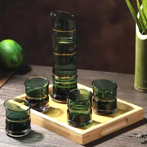 Sake Set for 4,  Design in Golden Trim, 1 Sake Bottle, 1 Wooden Sake Tray, and 4 Sake Cups, Cold/Warm/Hot Sake Carafe, Special  Gifts Set - 6 count (Gradient Green)