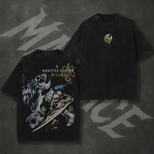 Monster Hunter Wilds Vintage Washed Tee – Oversized Double Printed Graphic Shirt for Gamers | Heavyweight Cotton Esports Streetwear | Unisex Hunting Crew Merch for Monster Slayers | Epic Gaming Gift & TikTok Trend Tee for Men & Women