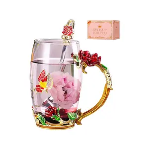 Enamel Butterfly Flower Glass Tea Cup Rose Red Coffee Mug for Women Mom Grandma Wife Female Friend Perfect Birthday Gift for Mothers Day Anniversary Christmas Valentines