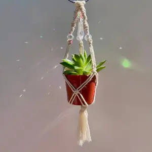 Mini Boho Macrame Plant Hanger, Small Minimalist Plant Lover Decor, Crystal Suncatcher For Car, Rearview Mirror, Succulent Housewarming Gift Hanging Hangable Ornaments Pot Light Decoration