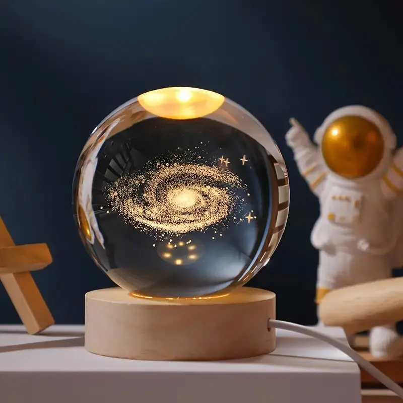 JOOMAPO 2.35in Galactic Theme Glass Crystal Ball Night Light - Wood Base, Colorful LED Soft Lighting, Space Galaxy Decor, Compact Desk Ornament, Premium Craft, Teen Gift w/Gift Box, USB Powered, Portable Charger Compatible