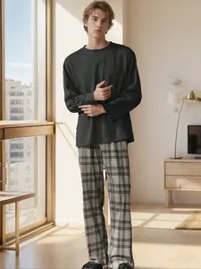 Men's Comfortable Sleepwear Set, Casual Round Neck Long Sleeve and Plaid Print Pants, Men's Comfortable Pajamas and Homeewear