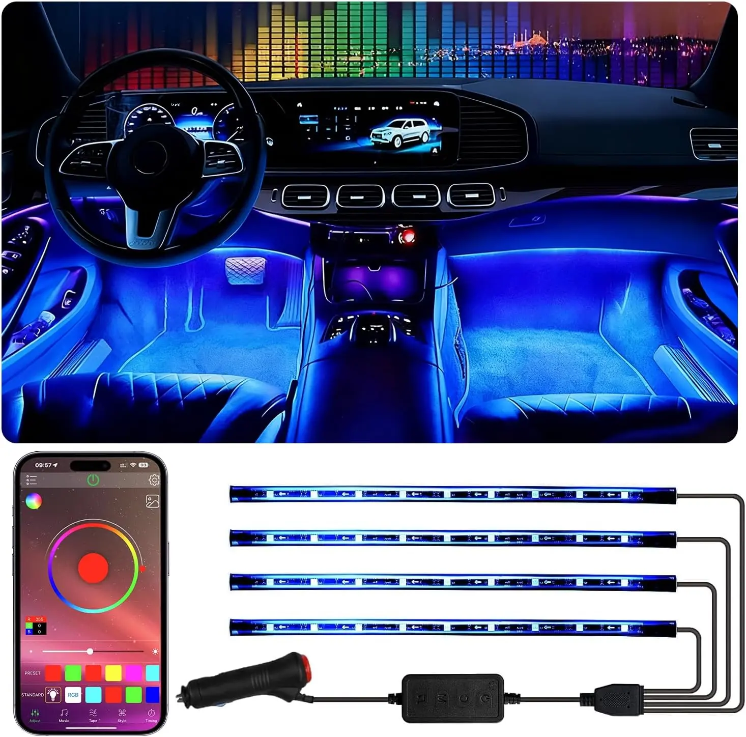 Car Interior LED Footwell Light Strip - 72-LED RGB, APP-Controlled with Music Sync, 16M Colors, 12V Lighter Power for Cars, Trucks, SUVs