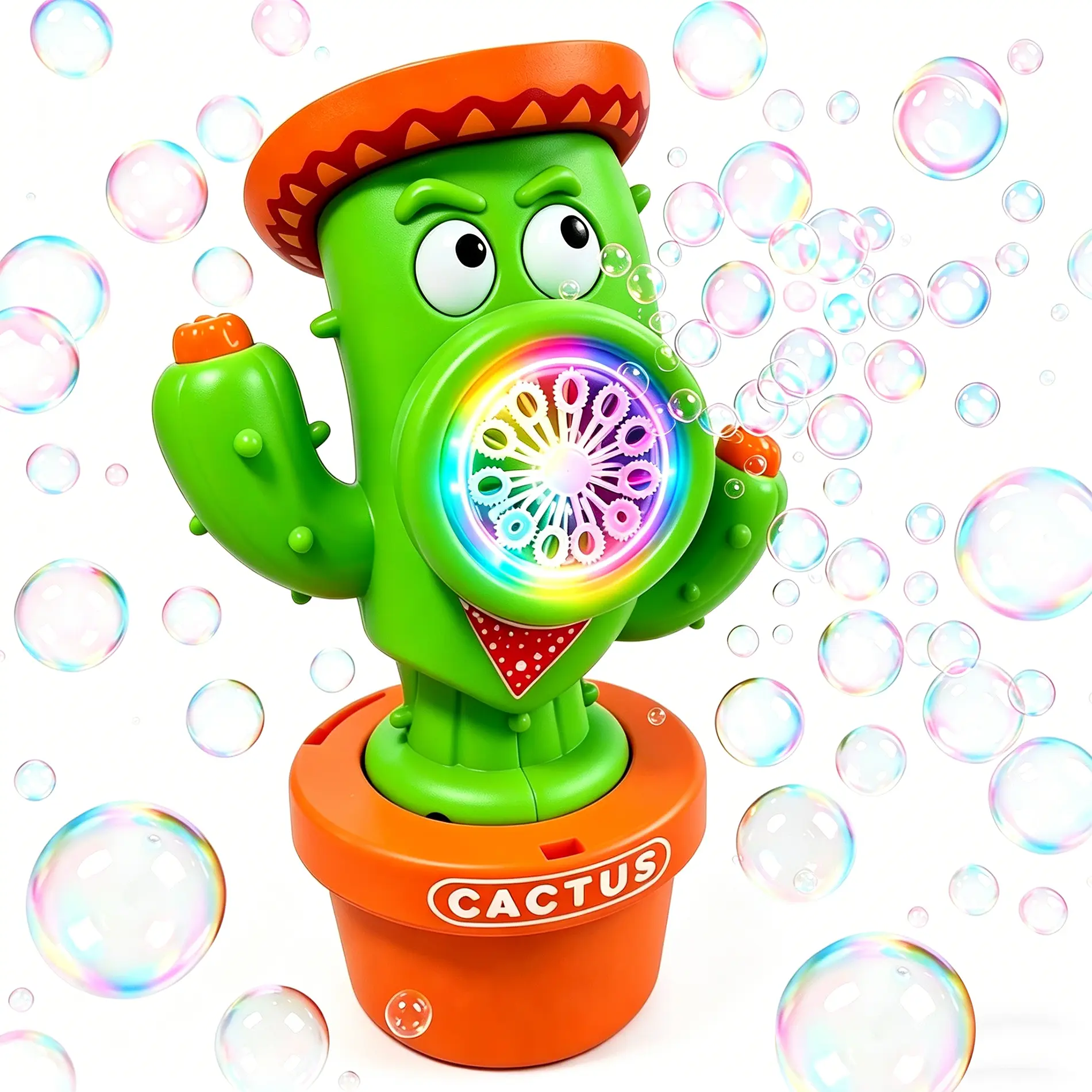 Rechargeable Dancing Cactus Bubble Machine for Kids, Automatic Bubble Blower with Lights, Music & Bubble Solution, Outdoor Summer Toy for Toddlers