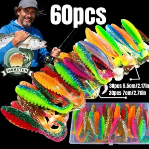 60pcs Soft Bait Fishing Lure Set, Paddle Tail Swimming Baits, Suitable for Bass, Trout, Char, Mackerel, 2.17inch 2.76inch Curly Tail T-Tail Combo Kit with Storage Box, Saltwater Fishing Lures, Soft Plastic Lures