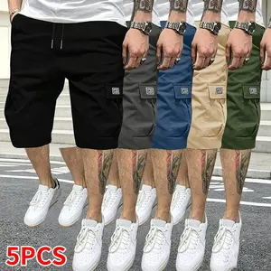 5-piece set: men’s casual cargo pants in solid colors, drawstring elastic waistband, multifunctional pockets; suitable for outdoor sports, fitness, running, and casual wear; men’s shorts, summer shorts, summer clothing, menswear.,summervibes