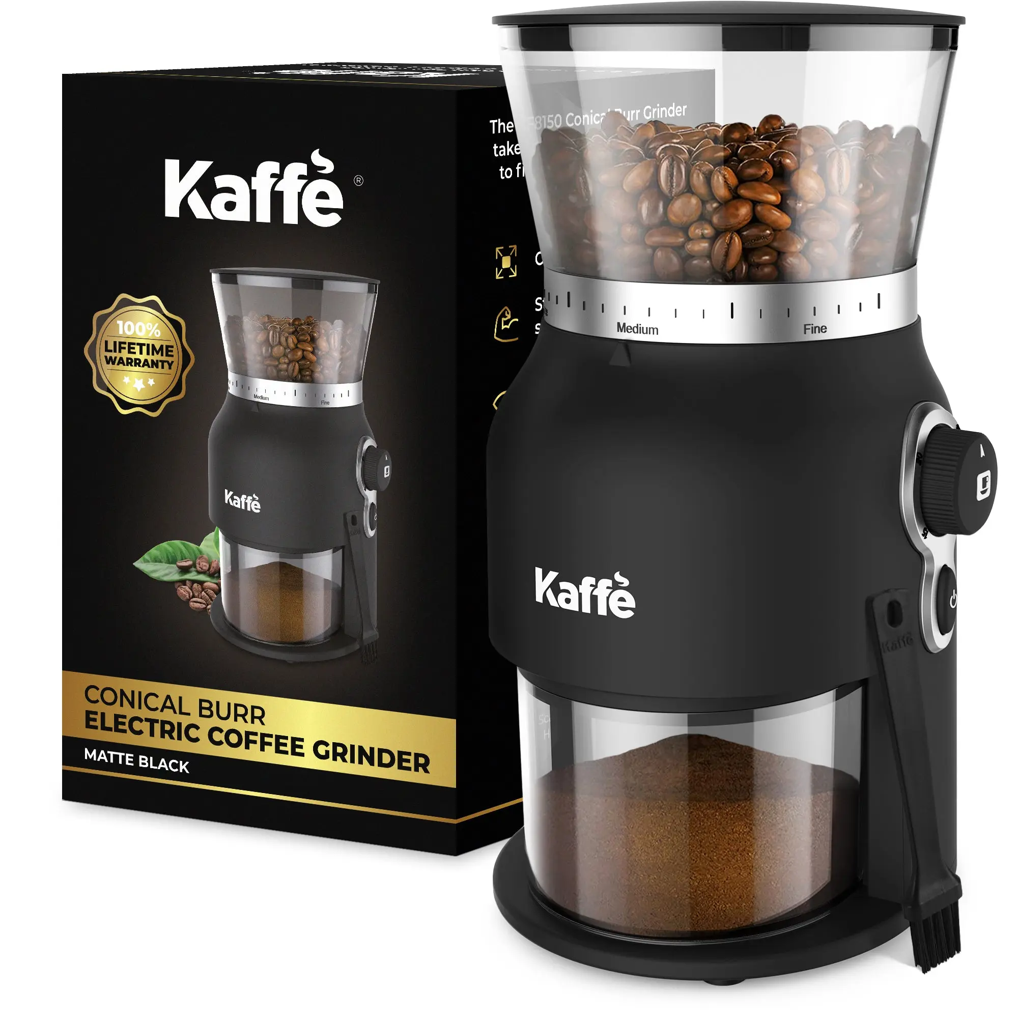 Kaffe Electric Burr Coffee Grinder – 5.5oz Conical Burr, 25 Adjustable Grind Settings, Matte Black