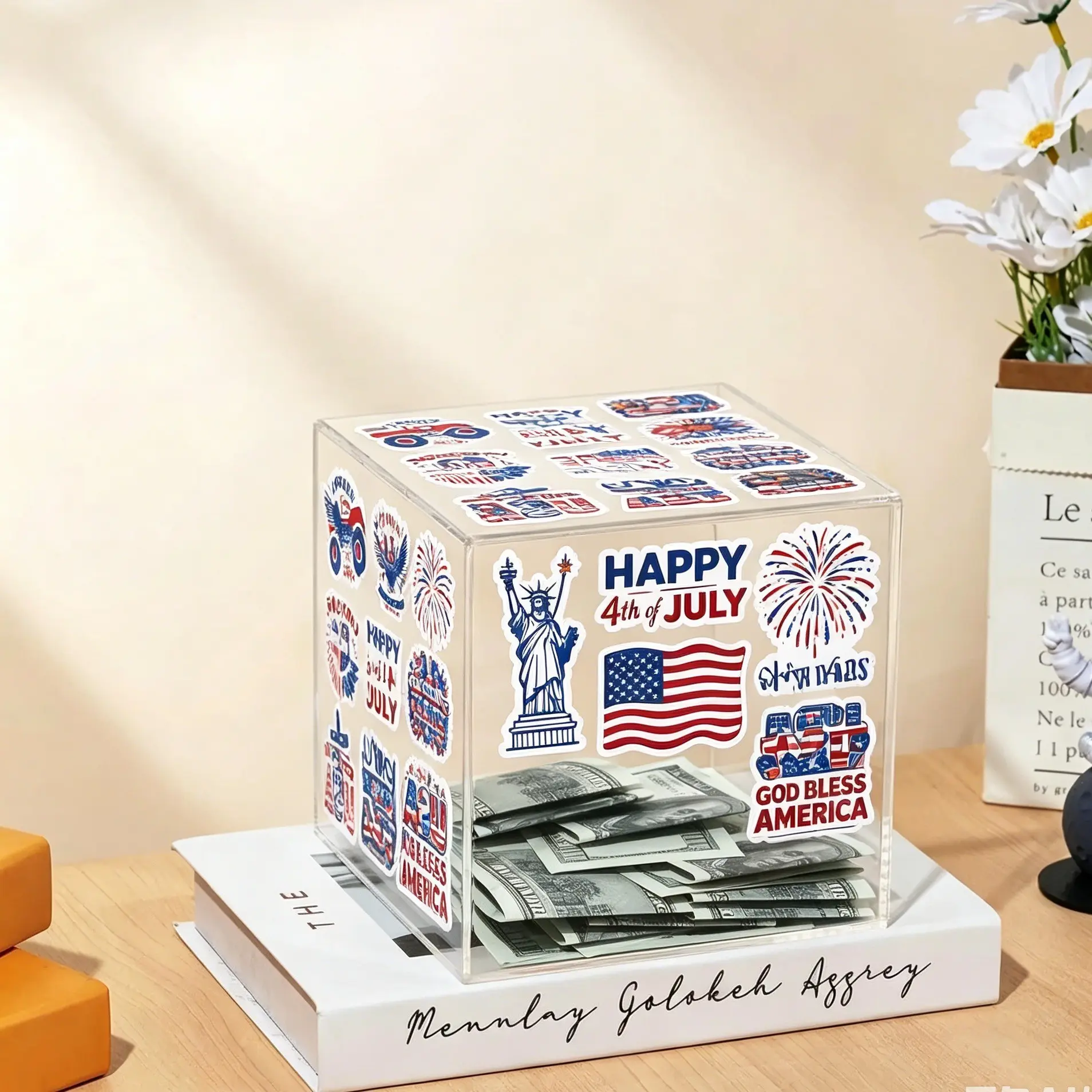 Acrylic Money Box, One Way in Out, Transparent, Independence Day Memorial, Includes Sticker, Kids Savings, Home Supplies, Acrylic Piggy Bank