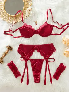 Floral Lace Garter Lingerie Set with Embroidered Mesh - Sexy Lingerie for Going Out - 5-Pack Floral Lace Detail Garter Underwire V-String Lingerie Set - Perfect for Christmas, Valentine's Day Couple Gift for Comfortable Wear - 5-Piece S Womenswear Basic