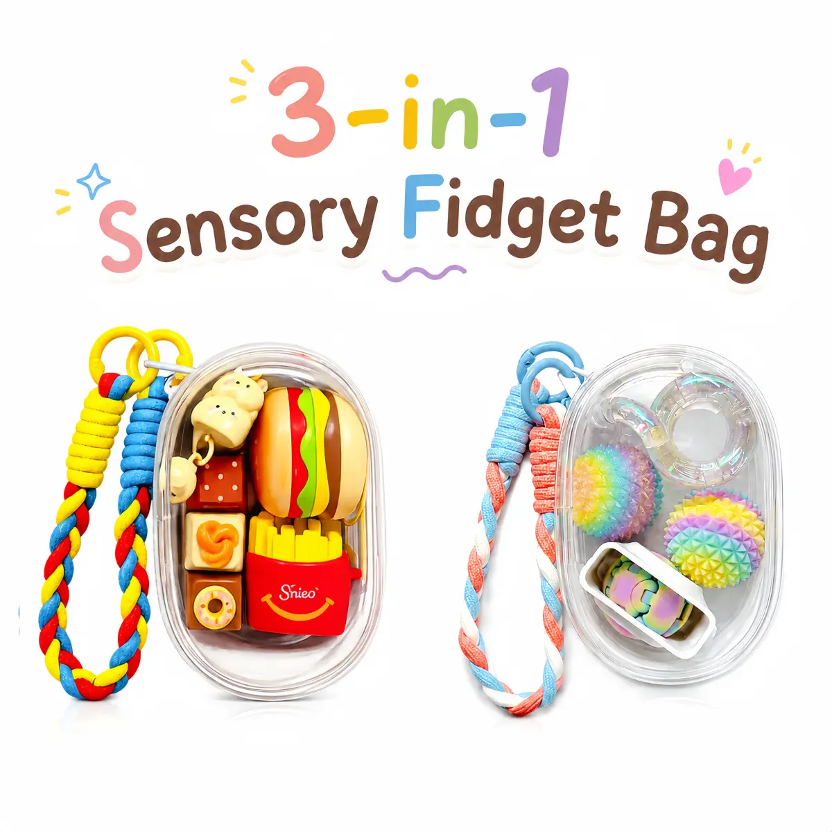 3-in-1 Fidget Bag, Portable Sensory Toys, Stress Relief Fidget Kit, Multi-Texture ADHD Focus Toy Collection, Gift for Kids & Adults