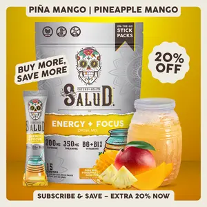 Salud 2-in-1 [Energy + Focus – Piña Mango] Clean Energy Drink Mix, Agua Fresca, Organic Caffeine (200mg), L-Theanine (350mg), B6 & B12, Non-GMO, Gluten Free, Vegan, Low Calorie, 1g Sugar (15 Servings)