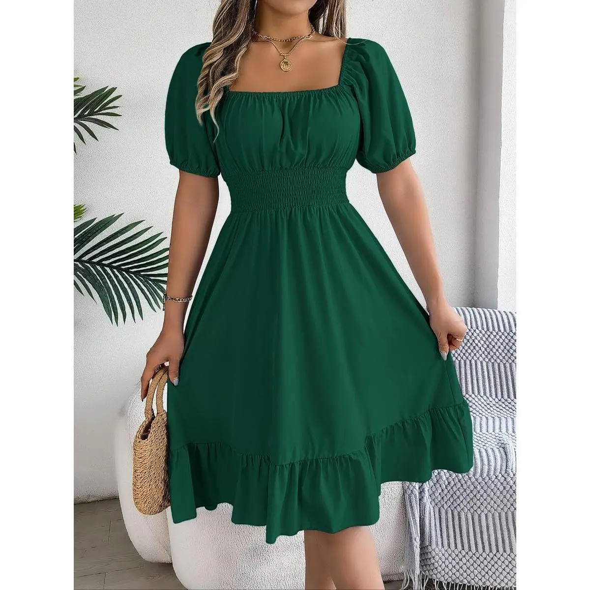 NewWomen's Plain Ruffle Hem Shirred Puff Sleeve A Line Frenchy Style Dress, National Day Clothing, Summer Outfits 2024, Elegant Short Sleeve Square Neck Midi Dress for Summer, Ladies Dress for Beach Holiday