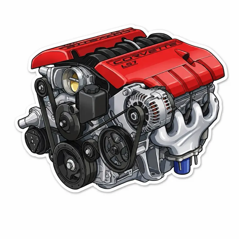 Corvette LS7 V8 Engine Sticker - Detailed Red Die-Cut Decal for Toolboxes, Laptops