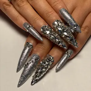 Advanced nail art silver pointed nail, full diamond decoration wearing armor light luxury niche nail design, all silver glitter - silver wing diamond decoration